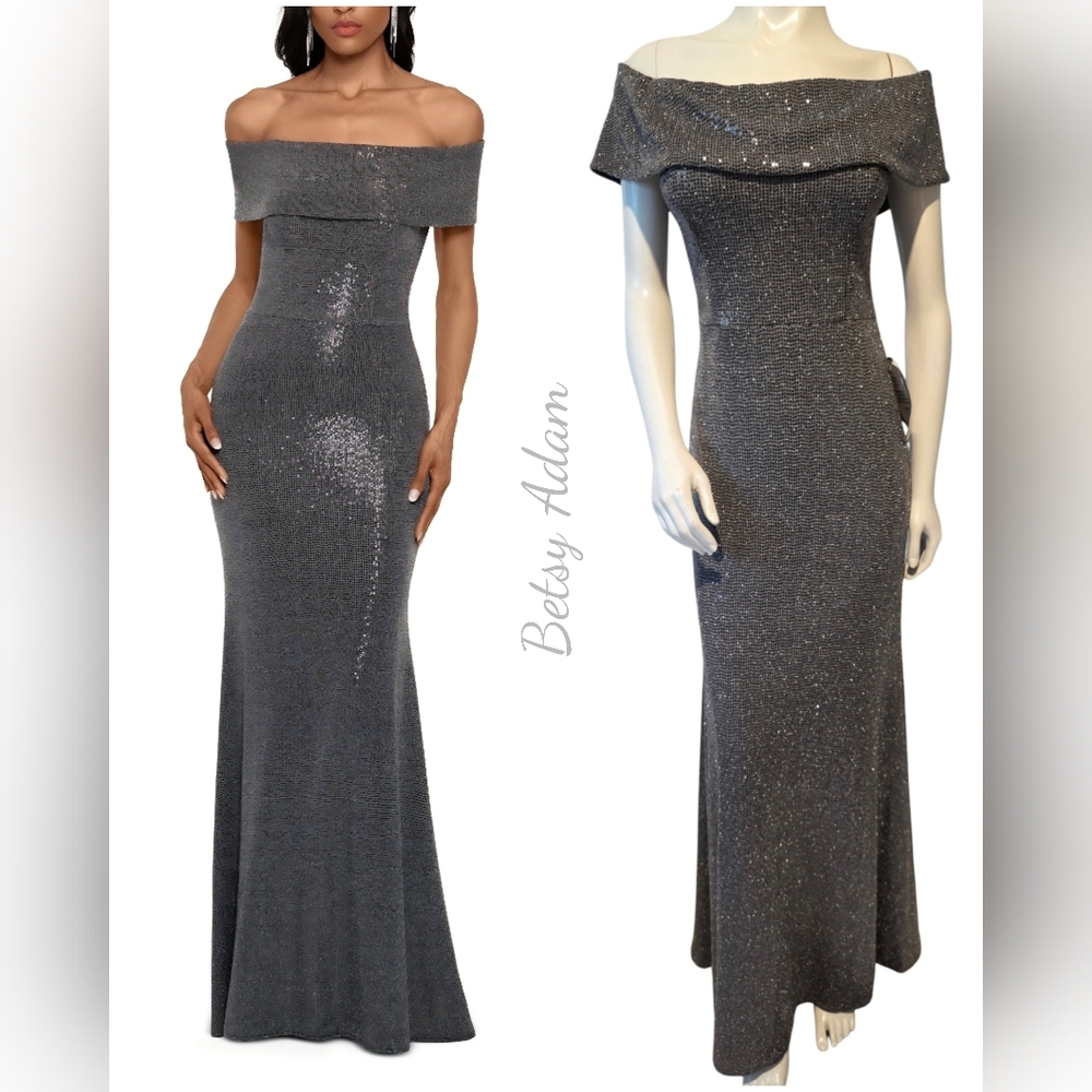 Betsy & Adam Off Shoulder Silver Metallic Size 12 NWT